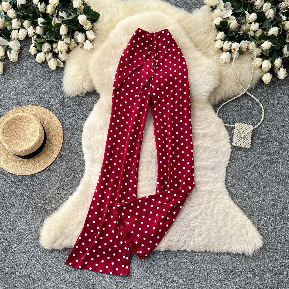 K-stylehigh waist polka dot lazy feeling strappystraight-leg pants for women  spring summer lazy styleslimming lookelegantcasual pants