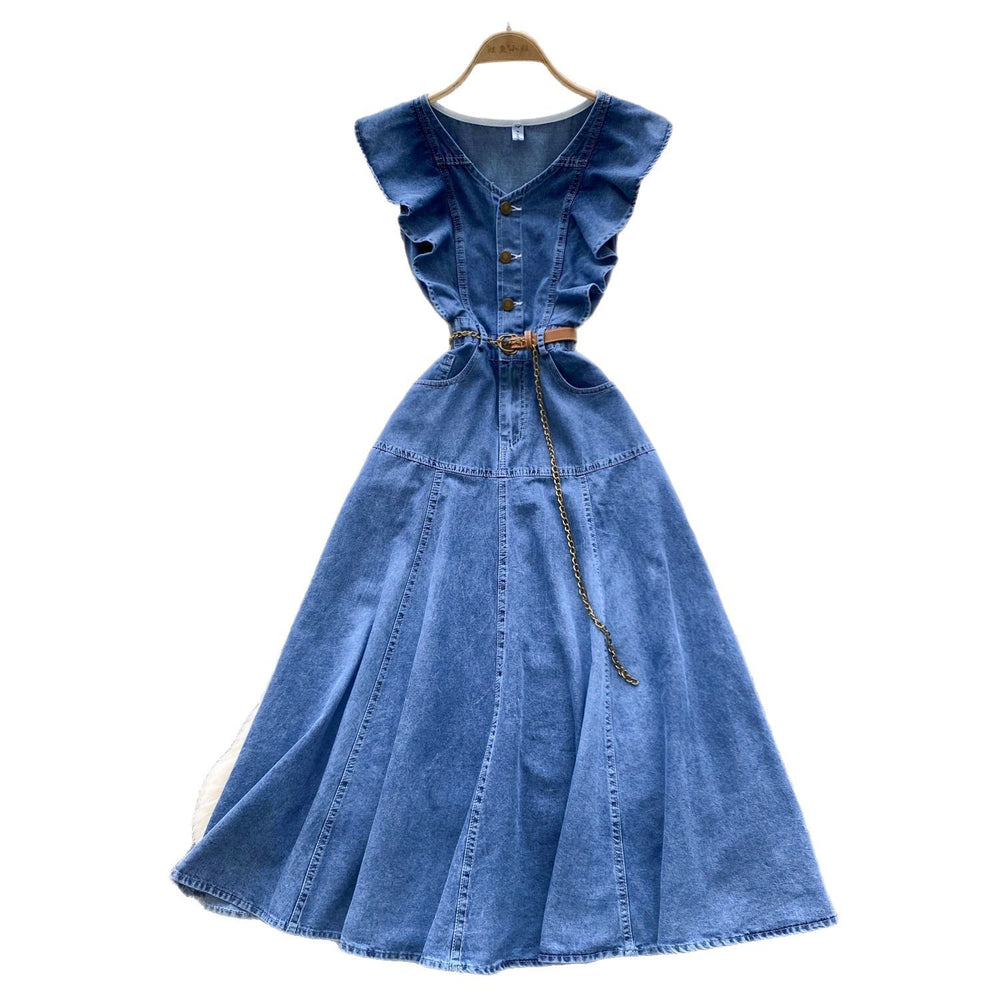 Frenchretrosense of designv neck fungus edge patchwork single breasted waist slimming lookelegant over-the-knee denim dress