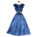Frenchretrosense of designv neck fungus edge patchwork single breasted waist slimming lookelegant over-the-knee denim dress