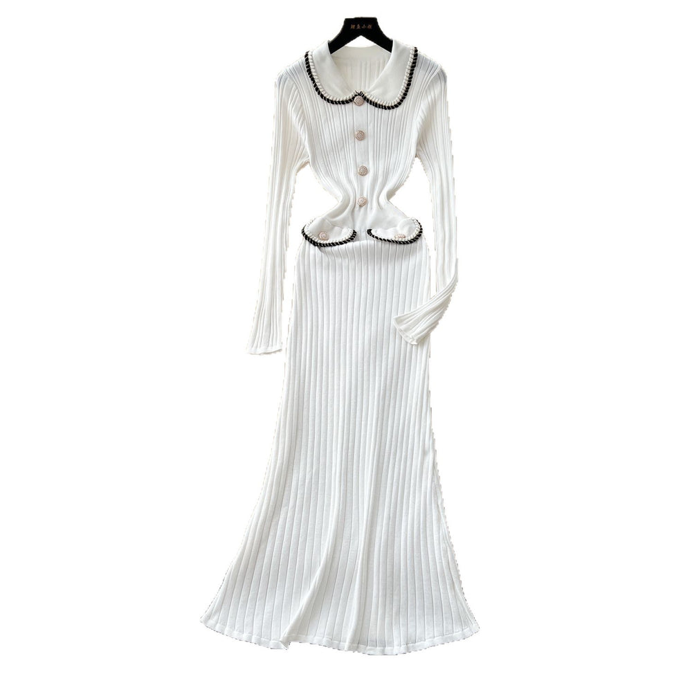 autumn new arrival: high-end chanel-inspired chic color block turn-down collar long sleeve slim-fit knitted dress for women