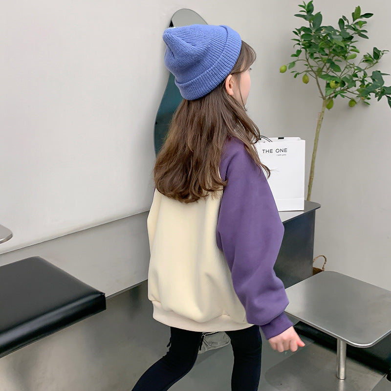 Girls' hoodie -  spring/autumn new korean style, stylish winter outfit, mid-to-large children's one-piece fleece jacket, thickened top