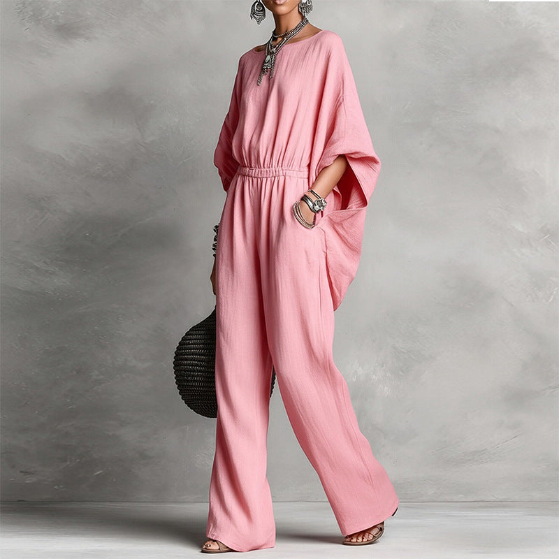 cross-border european & american women's clothing: new retro solid color elegant long sleeve off-shoulder batwing sleeve loose jumpsuit