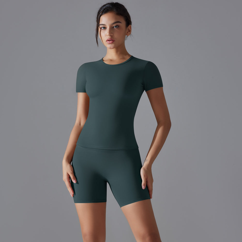 Fashion nude short sleeve t-shirt yoga suit high waist hip lifting tightshorts quick-drying running sports fitness suit