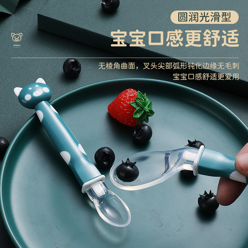 Baby cartoon spoon set, silicone soft head spoon, elbow spoon combination, baby silicone tableware pp box.