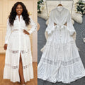 French retro court style heavy embroidered hollow-out lace patchwork tie-waist single-breasted elegant long dress for women