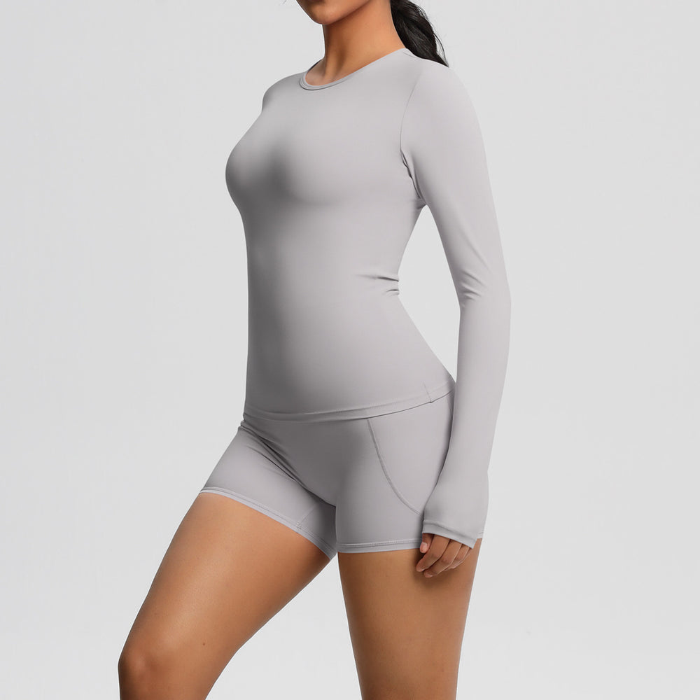 New arrival: european and american style solid color double-sided brushed nylon long-sleeve yoga set - activewear two-piece for running and fitness