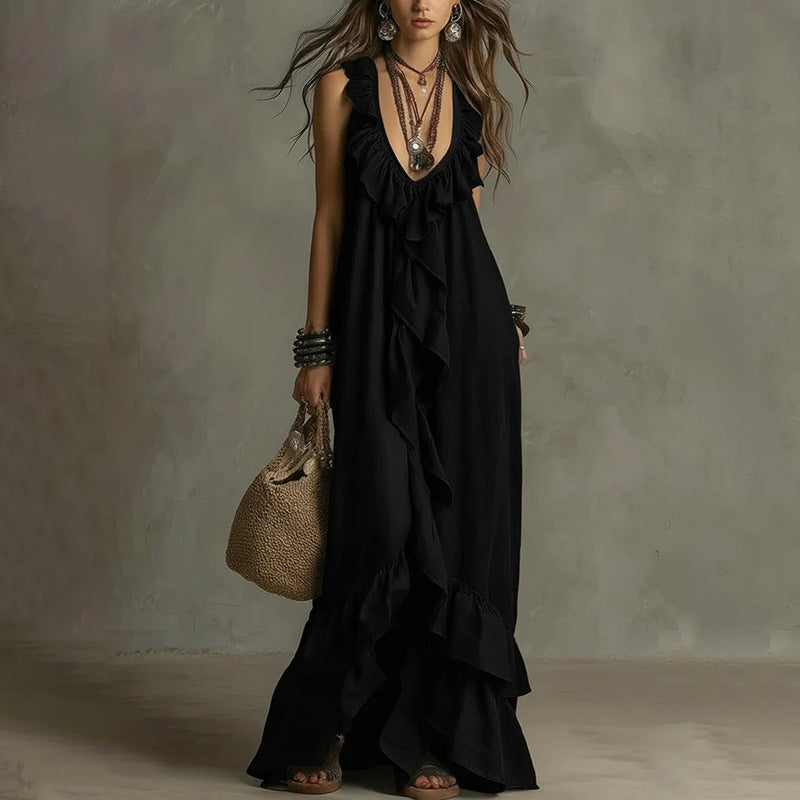 summer new women's fashion: european and american style cross-border dress - stylish, elegant, loose-fit a-line maxi dress with lace trim