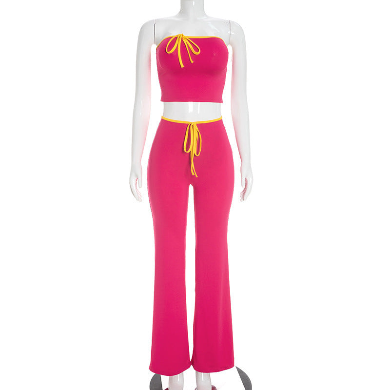 fashion summer and autumn new arrivalclassy women's sexy style contrast colortube toptops slightly flared pants two-piece suit
