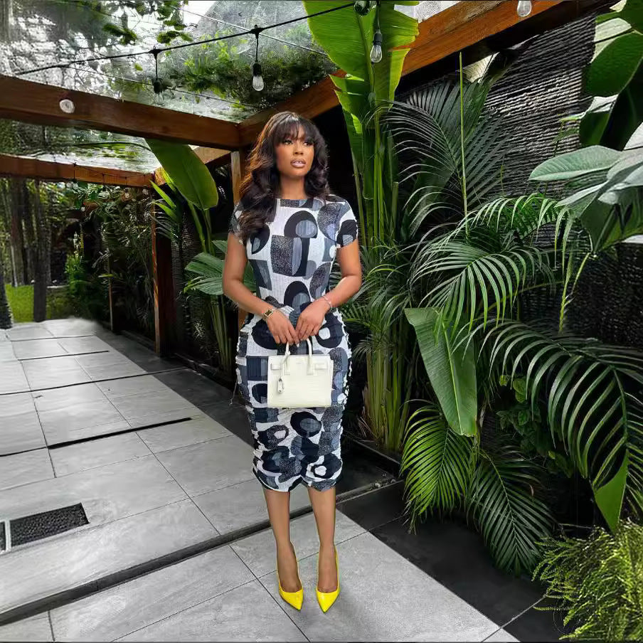 European and american cross-border women's fashion: elegant round neck bodycon mini dress -  summer new arrival, short sleeve printed dress
