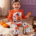 Baby girl halloween pumpkin letter print romper, flare pants, and headband three-piece set