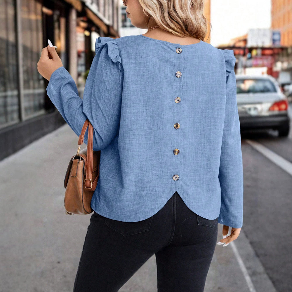 European and american casual women's top - solid color crew neck, flutter sleeves, button-back, curved hem, loose fit, slimming blouse