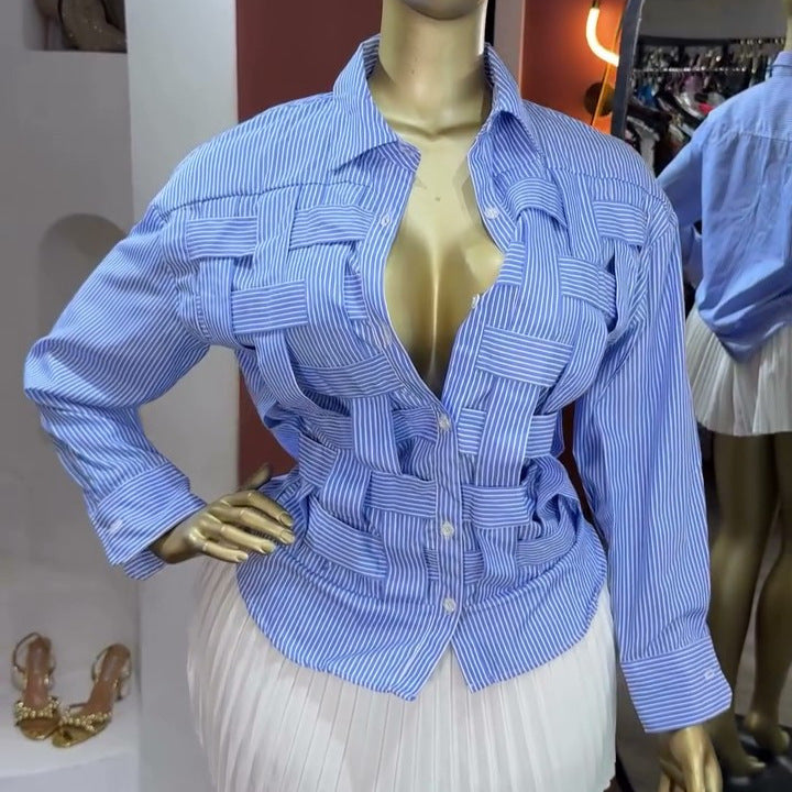 European and american cross-border women's fashion:  summer new arrival - elegant, designer, niche woven turn-down collar striped blouse top