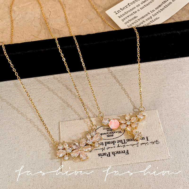 Early spring zircon flower titanium steel necklace for women accessible luxuryniche styleins pink flower clavicle chain forest style fashion necklace