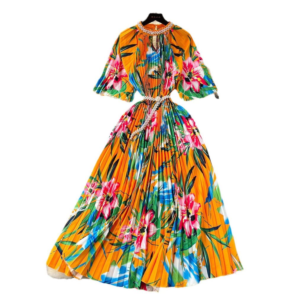 European and american high-end elegant dress - new women's beaded round neck short sleeve cinched waist loose pleated printed maxi dress