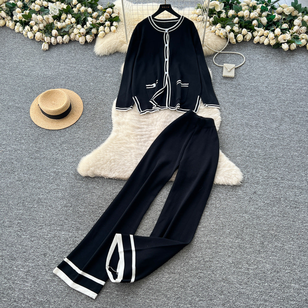 Xiaoxiangfengtwo-piece setfemalefall and winterfashioncontrast color round necklooseknittingcardigantopshigh waistloose pants