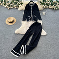 Xiaoxiangfengtwo-piece setfemalefall and winterfashioncontrast color round necklooseknittingcardigantopshigh waistloose pants