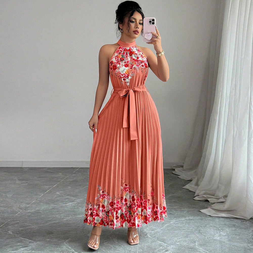 European and american cross-border women's summer  elegant halter neck tie waist floral print pleated maxi swing dress