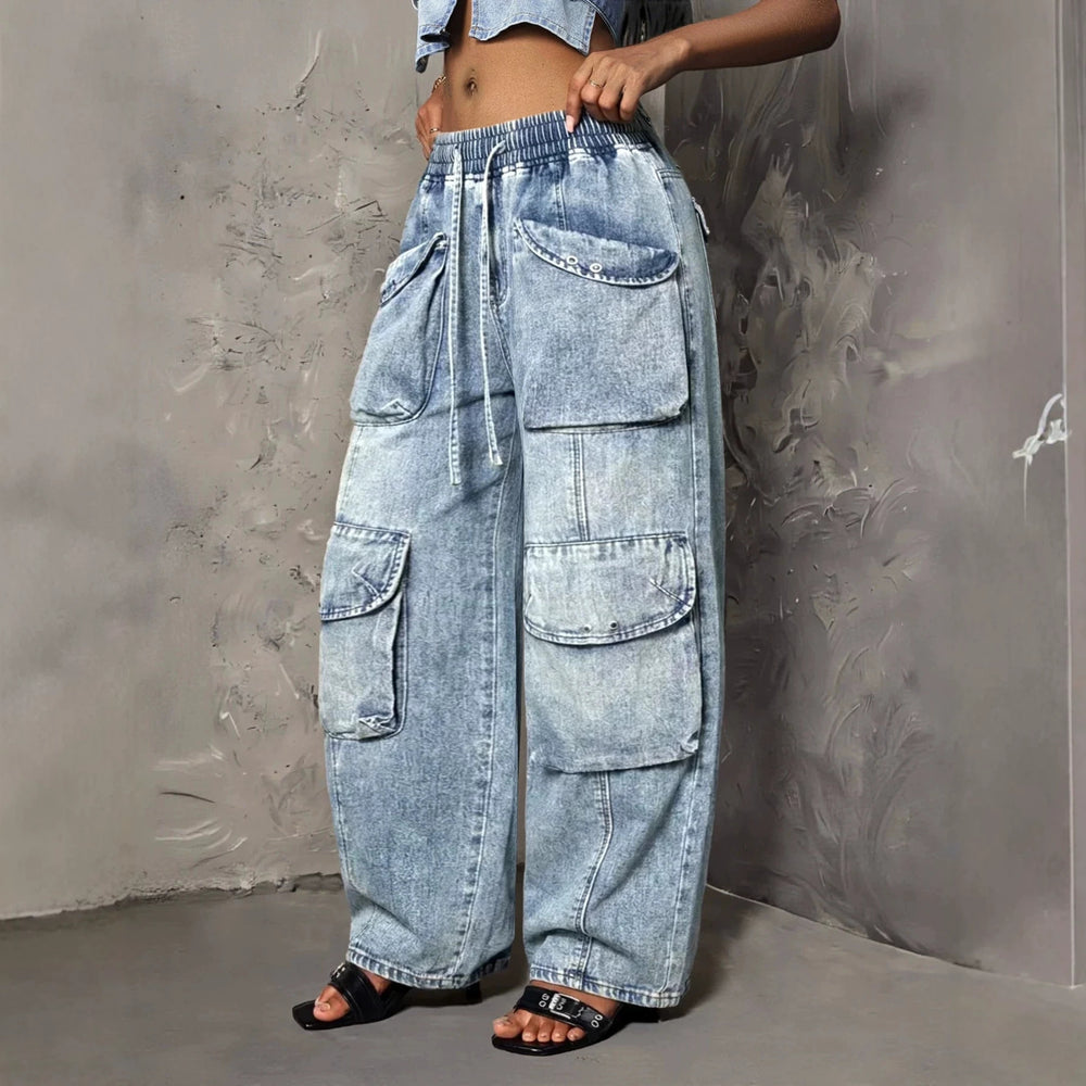 Fashionjeans women's elastic drawstring waist snowflake washed multi-flap pocket pants workwear style loose wide leg denim pants