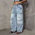 Fashionjeans women's elastic drawstring waist snowflake washed multi-flap pocket pants workwear style loose wide leg denim pants