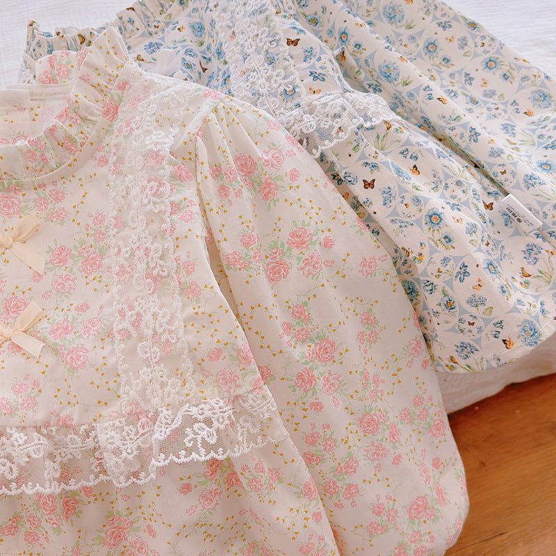 Girls' floral print babydoll top - new korean style, sweet french lace long sleeve cotton top, suitable for all seasons