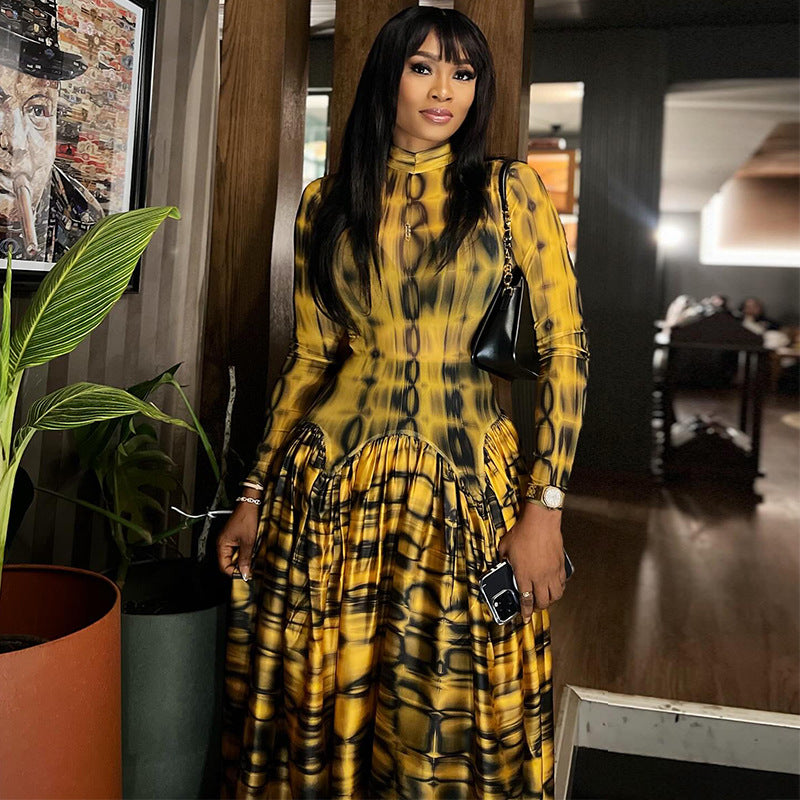 European and American  women's clothing 2025 autumn new fashion temperament semi-turtleneck long-sleeved waist printed long dress dress