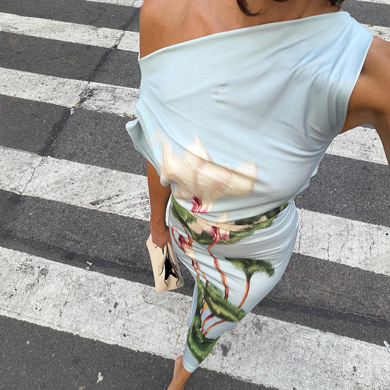 European and american style cross-border slim-fit women's plant print bodycon dress - elegant outdoor asymmetrical neck sleeveless hiking dress