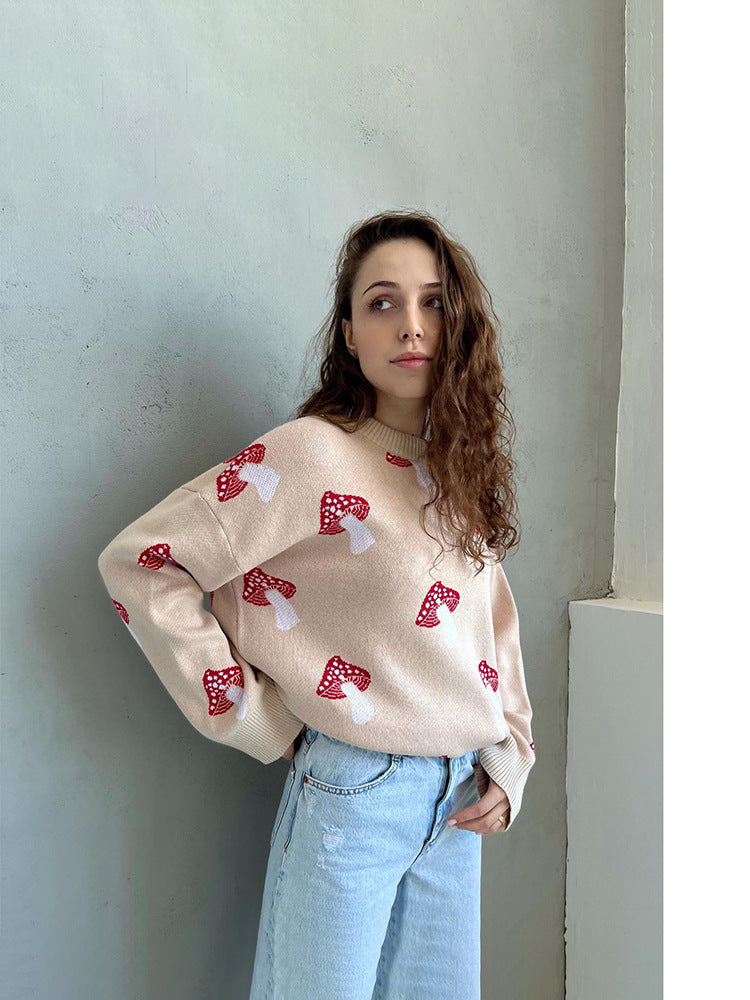 Cross-border European and American women's clothing casual ins mushroom long-sleeved crew neck sweater autumn and winter fashion loose pullover knitted sweater women