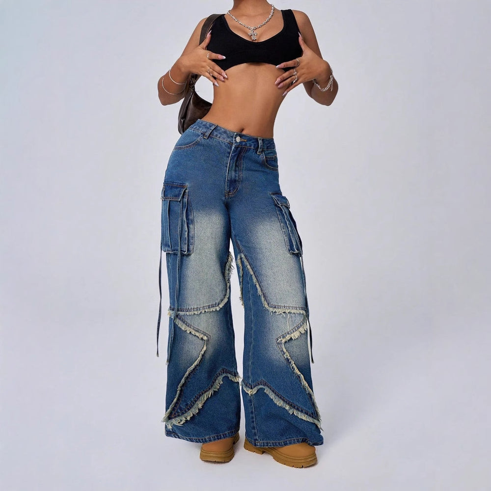 Pre-sale 15768#  cross-border foreign trade women's fashion ins retro five-pointed star workwear denim pants
