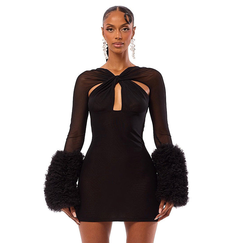 European and american export women's clothing  new fashion mesh criss-cross cutout plush sleeve bodycon mini dress