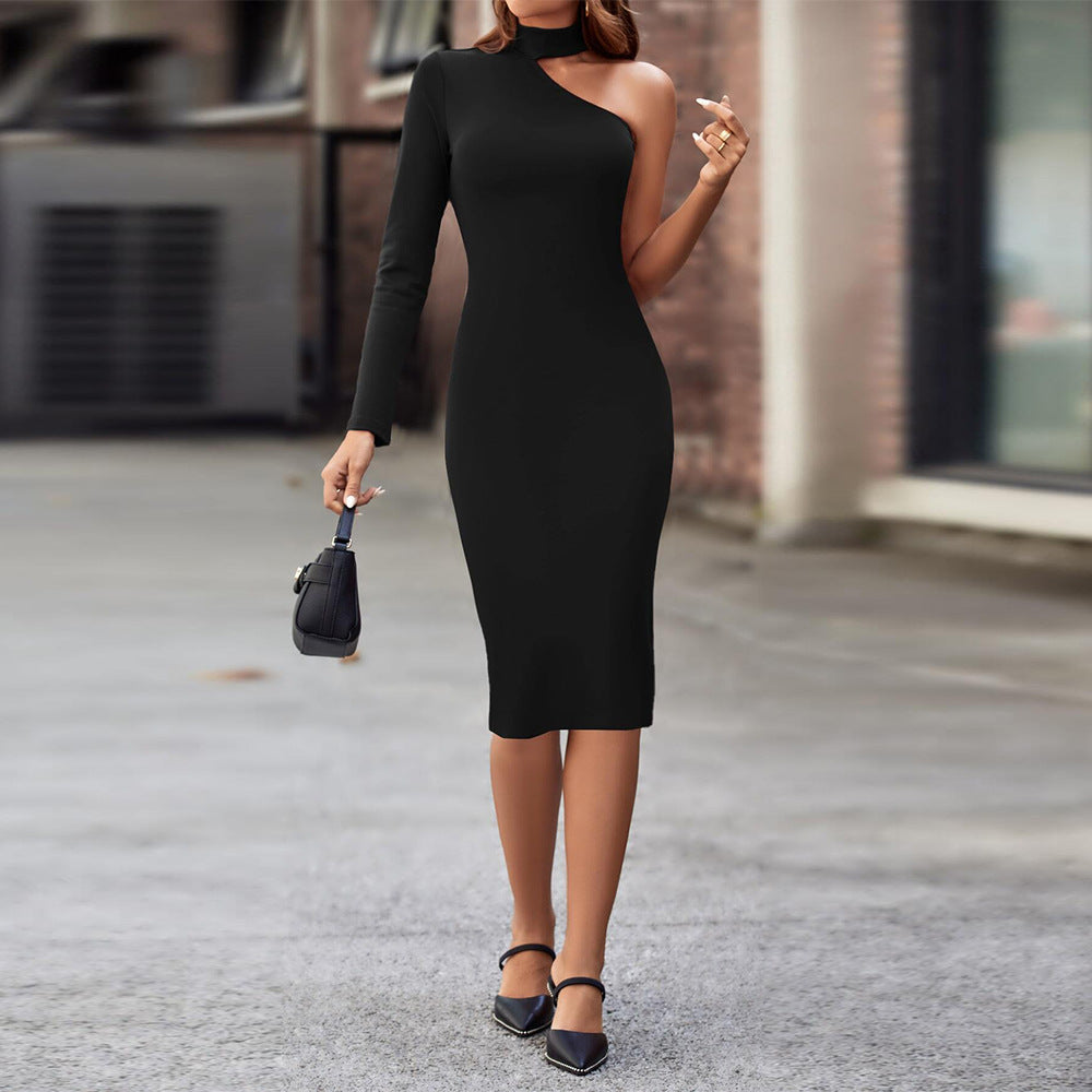 Cross-border independent station  women's clothing high-cold intellectual style dress autumn and winter semi-turtleneck off-the-shoulder slim-fit medium and long dress