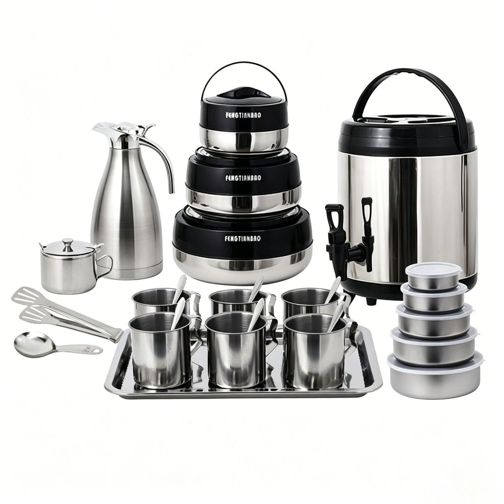 foreign trade stainless steel thermal insulation box commercial milk tea bucket pot 26pcs food thermal insulation pot set gift box