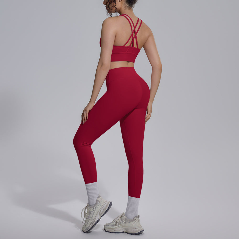 double-sided nylon pure color cross-back tight nude sportswear suit running fitness yoga suit suit