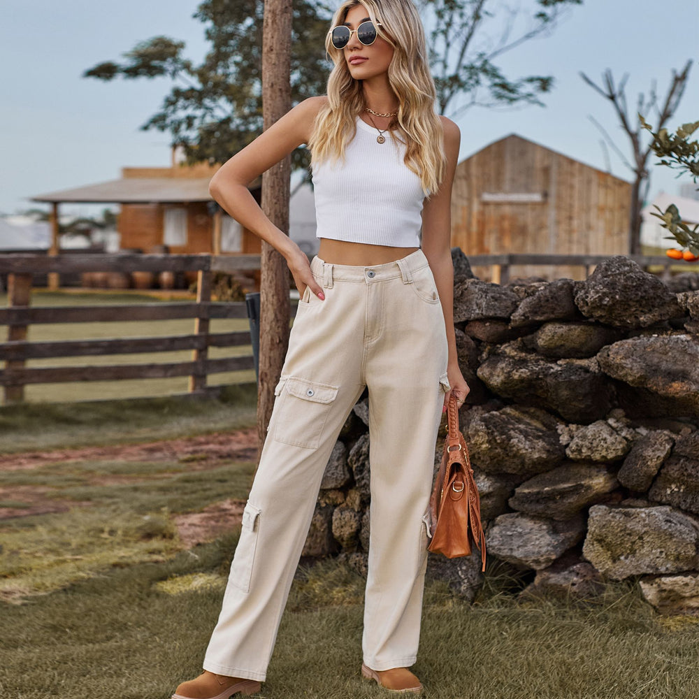 American hot girl fashion cross-border  new washed semi-elastic design stylish denim workwear casual pants for women