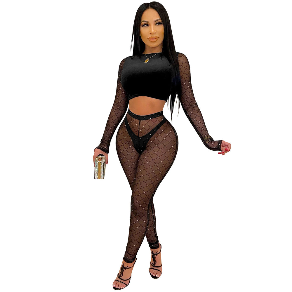 X5561 european and american fashion new women's sexy color block long sleeve cropped top and mesh rhinestone pants two-piece set