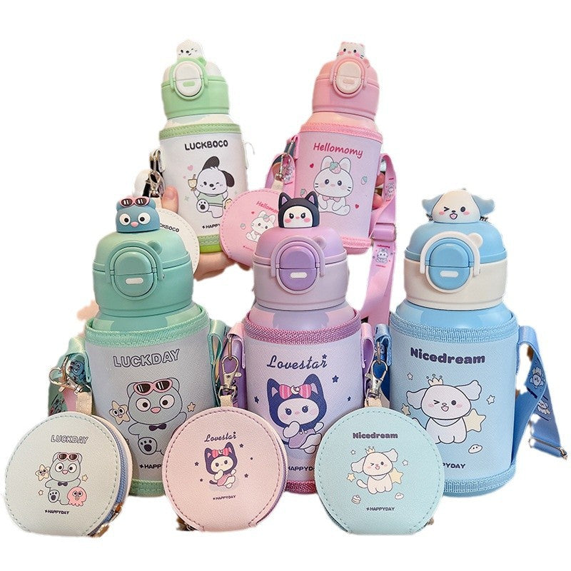 New cartoon character double-drink kids' thermos cup, 316 stainless steel food-grade water bottle with sleeve and straw
