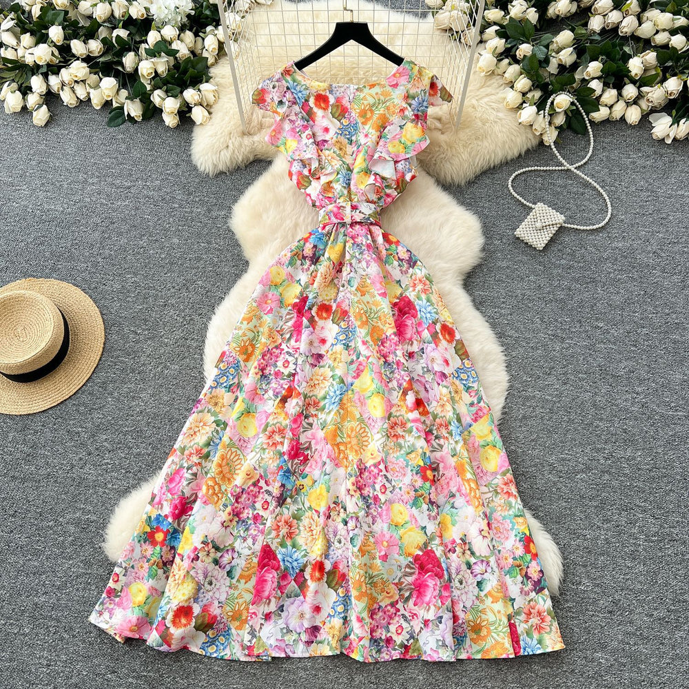 Frenchromantic atmosphere printing sleeveless dress female ruffles belt slimming look design elegant fairy long skirt