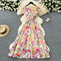 Frenchromantic atmosphere printing sleeveless dress female ruffles belt slimming look design elegant fairy long skirt
