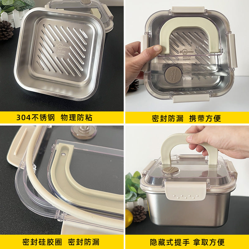 Portable 304 stainless steel square food container - airtight, leak-proof lunch box for refrigerator storage and on-the-go meals