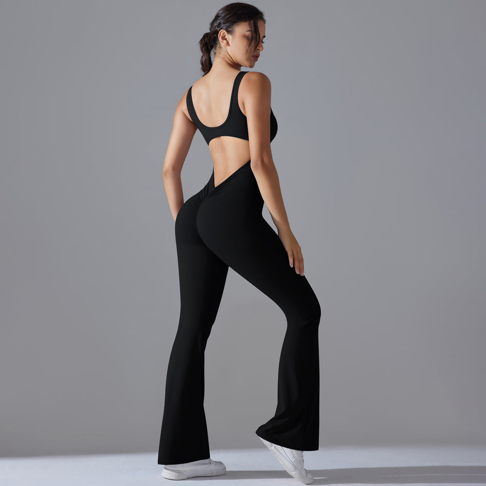 European and american cutout back bodysuit peach lift quick-dry tight workout gym outfit flare leg yoga jumpsuit for women