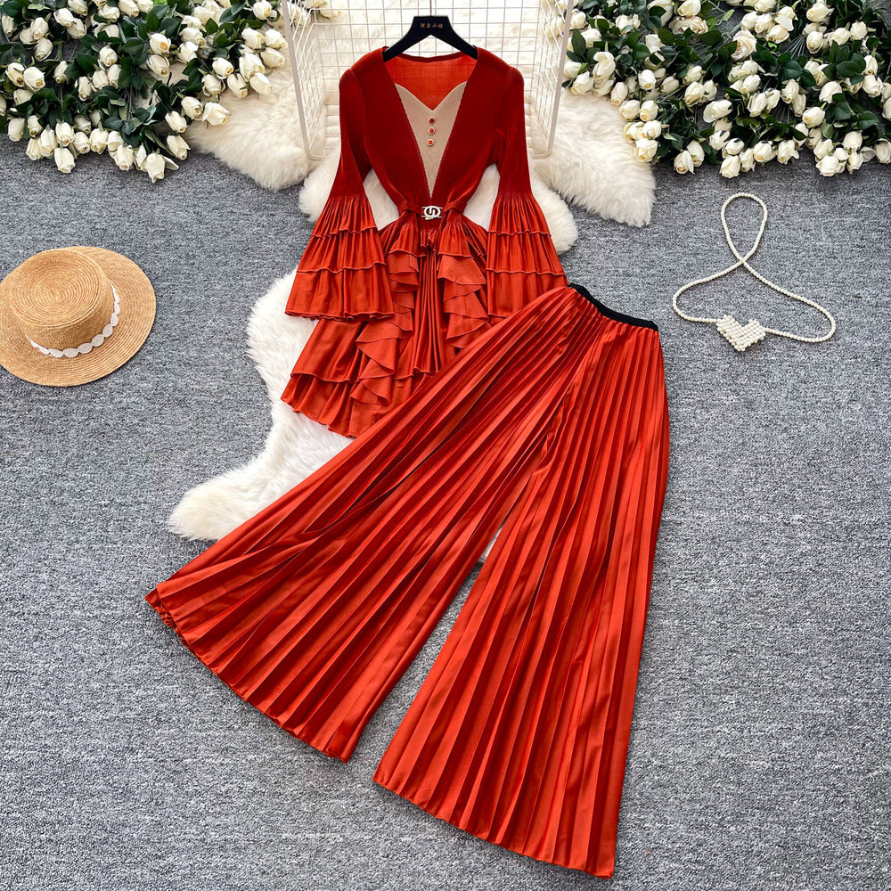Classy sense of commuting style pleated pleated skirt three-quarter sleeve topshigh waistloose pants women's autumslimming looktwo-piece set