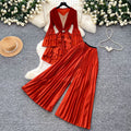 Classy sense of commuting style pleated pleated skirt three-quarter sleeve topshigh waistloose pants women's autumslimming looktwo-piece set