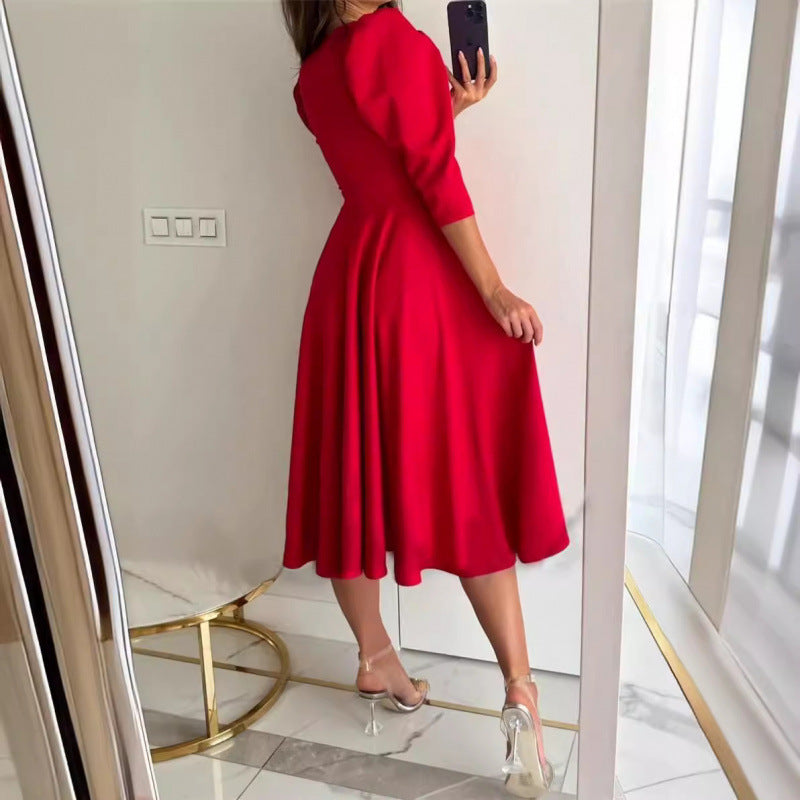 fashion women's clothing:  spring collection - solid color v-neck, cinched waist, pleated maxi dress
