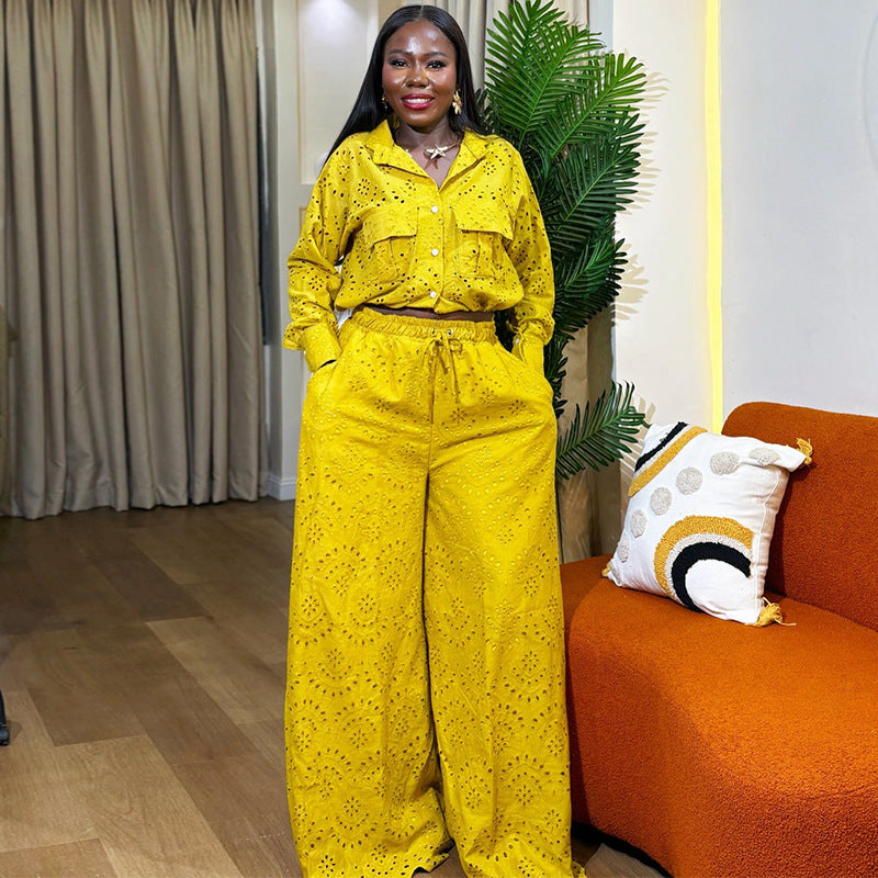 European and american cross-border women's fashion  spring/summer new collection: solid color cutout long sleeve shirt and wide leg pants casual set
