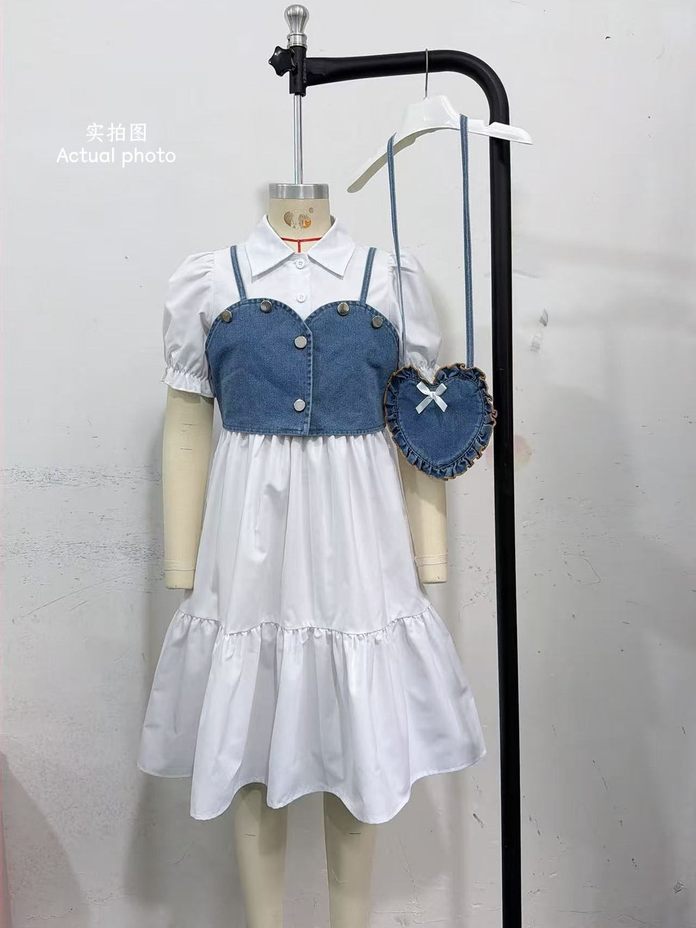 european and american style girls' cross-border shirt dress, vest design, with heart-shaped bag three-piece set for older girls