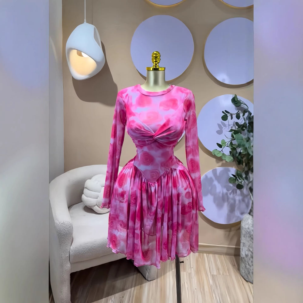 European and american cross-border women's spring  new arrival: long-sleeved crew neck bandeau print cinched waist ruched mini dress