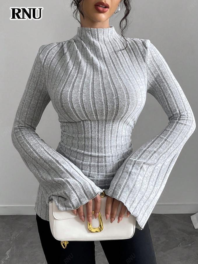 Fashion cross-border  spring new arrival pit half turtleneck silm elegant women's inner bell sleeve bottom shirt