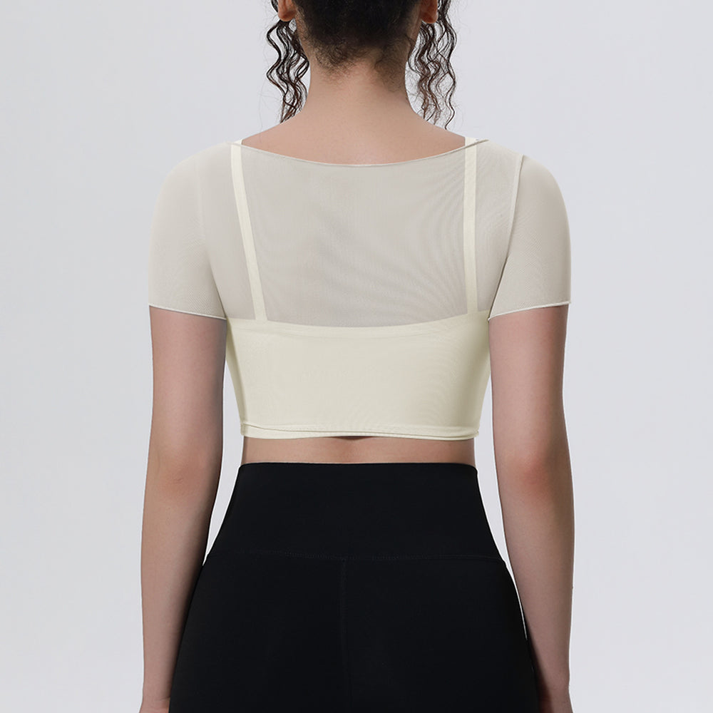 New arrival: solid color mesh double-layer breathable faux two-piece short sleeve top - perfect for casual wear, sports, running, fitness, and yoga