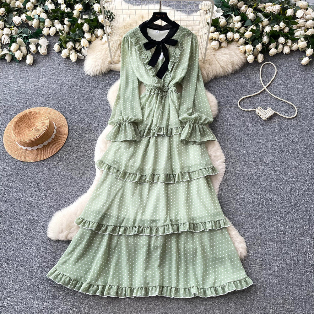 French sweet polka dot long sleeve tiered dress - women's autumn bow ruffle cake dress - unique designer style