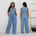 Fashion cross-border   tight waist silm elastic washed denim jumpsuit straight-legloose jumpsuit