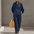 summer new european and american cross-border women's clothing casual loose solid color cotton linen turn-down collar wide leg pants fashion set